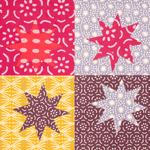 Load image into Gallery viewer, Colourful patterned paper stars included in the Cambridge Imprint Make a Star Garland kit