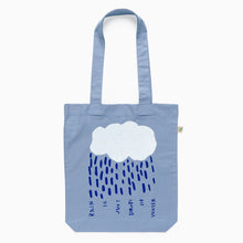 Load image into Gallery viewer, Rain tote bag by Struan Haswell in pale blue organic cotton with cloud and raindrop design