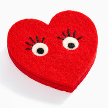 Load image into Gallery viewer, Red felt heart brooch with playful eyes by Scottish designer Lynsey Walters