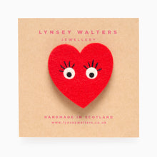 Load image into Gallery viewer, Red heart felt brooch with eyes handmade by Scottish jewellery designer Lynsey Walters