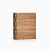 Load image into Gallery viewer, Refillable walnut A5 notebook by The Bonny Company handcrafted in Dundee with natural wood grain and laser-cut hinge detail.