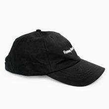 Load image into Gallery viewer, Side view of black embroidered Runway Ready baseball cap with curved peak.