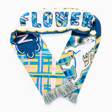 Load image into Gallery viewer, Scotland supporter scarf folded into heart shape with bold patterned design showing lion rampant and the word 'flower'