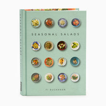 Load image into Gallery viewer, The cover of 'Seasonal Salads' by Fi Buchanan featuring a green background with multiple circular salads displayed in a grid pattern.