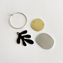 Load image into Gallery viewer, tom pigeon earrings showing all the elements to design own earring in abstract design, black, silver and gold colour