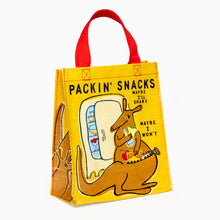 Load image into Gallery viewer, Small yellow tote bag with kangaroo illustration and text on a white background