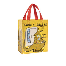 Load image into Gallery viewer, Yellow tote bag with a cartoon kangaroo and the text Packin' Snacks' on a white background