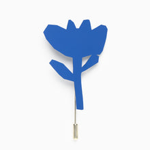Load image into Gallery viewer, Detail view of the Tom Pigeon Flax Bloom cobalt blue aluminium brooch