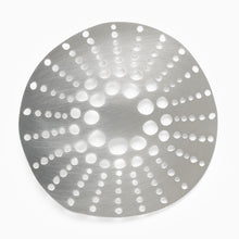 Load image into Gallery viewer, Close-up of the Tom Pigeon Flax Cell brooch showing the circular aluminium design