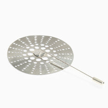 Load image into Gallery viewer, Side view of the Tom Pigeon Flax Cell aluminium brooch with stick pin fastening