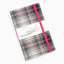 Load image into Gallery viewer, Scottish tartan A5 refillable notebook by V&A Dundee showing pink elastic closure and cloth binding detail.