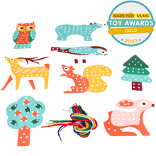 Load image into Gallery viewer, Colourful woodland animal and tree stitching cards with threaded string