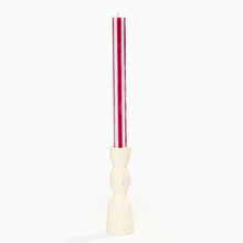 Load image into Gallery viewer, striped candle aubergine and white in candlestick holder