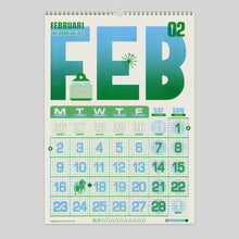 Load image into Gallery viewer, Calendar with a modern design featuring the letter &#39;FEB&#39; in large, colorful letters on a gray background.
