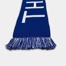 Load image into Gallery viewer, Blue scarf with white lettering on a light gray background

