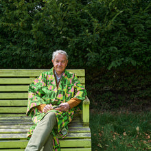 Load image into Gallery viewer, gardening robe on male model pink and green V&amp;A Dundee irregular sleep pattern 
