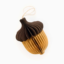 Load image into Gallery viewer, Acorn honeycomb Christmas bauble made from brown and ochre paper
