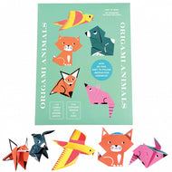 Origami animals set with colorful origami models and a green instruction book on a white background.
