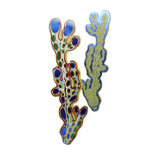 Load image into Gallery viewer, Seareads leather bookmark by Ark Colour Design sea themed illustration of seaweed in apple green with metallic blue. 
