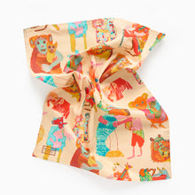 Load image into Gallery viewer, Hugging Animals organic cotton tea towel by Arthouse Unlimited featuring colourful illustrated animal artwork. Image shows the tea towel scrunched up in the centre.

