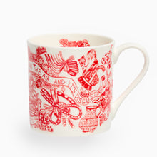Load image into Gallery viewer, White china mug with red vintage-style illustrations and text on a white background

