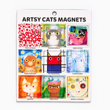 Load image into Gallery viewer, Artsy Cats magnets set illustrated by Angie Rozelaar featuring colourful decorative cat magnets and playful feline artwork.
