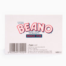 Load image into Gallery viewer, Back of the Beano Bus Mini Greeting Card showing the Beano logo and barcode

