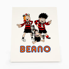 Load image into Gallery viewer, Beano art print featuring Dennis the Menace, Minnie the Minx and Gnasher in V&amp;A Dundee tartan
