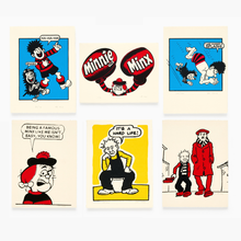 Load image into Gallery viewer, Six vintage-style Beano and Oor Wullie art prints arranged in a 2x3 grid on a white background. The prints feature hand-drawn cartoon characters in red, black, yellow, blue, and beige tones, including Minnie the Minx boxing, Dennis the Menace, Gnasher, Oor Wullie and his Da
