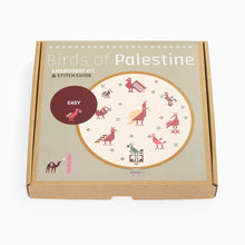 Load image into Gallery viewer, Embroidery kit packaging with &#39;Birds of Palestine&#39; design on a beige background
