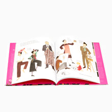 Load image into Gallery viewer, Inside pages of Bloom book showing illustrated fashion scenes inspired by Elsa Schiaparelli
