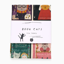 Load image into Gallery viewer, Folded Book Cats tea towel by Niaski with colourful literary cat illustrations
