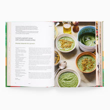Load image into Gallery viewer, Open cookbook showing a recipe for lemony spinach soup with images and text.
