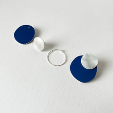 Load image into Gallery viewer, Pair of blue and silver statement earrings on a white background
