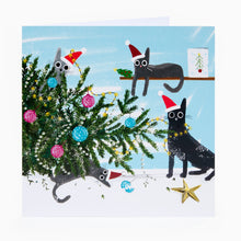 Load image into Gallery viewer, Funny cat Christmas card featuring mischievous cats around a decorated Christmas tree
