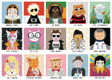 Load image into Gallery viewer, close up image of the Cat Icons jigsaw showing 15 funny illustrated cats including: Ameolia Earhart, Andy Pawhol, Bob Meowly, Cat Cobain, David Cattenborough, Kitty Stardust, Iris Catfel, George Meowcal, Elvis Purresley, Meow Armstrong, Dolly Purrton, Vivfuriene Westwood, Meowton John, Meowie Curie and Purr MaCatney.

