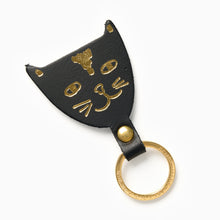 Load image into Gallery viewer, cat keyring black leather and gold accents
