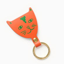 Load image into Gallery viewer, cat keyring orange leather and gold accents
