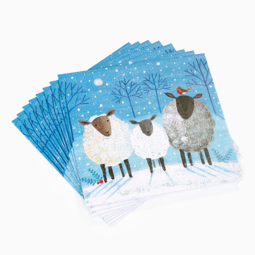 Set of charity Christmas cards with sheep illustrations on a blue snowy background