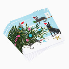 Load image into Gallery viewer, Set of Christmas cards with cartoon cats around a decorated tree on a white background
