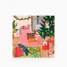 Load image into Gallery viewer, an illustration of cats and a festive Christmas tree scene with gifts and decorations.
