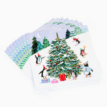 Load image into Gallery viewer, Set of Christmas-themed cards with penguins and a decorated tree on a white background
