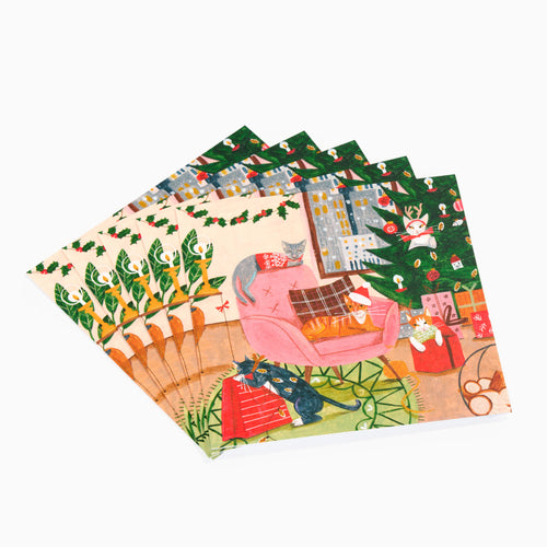 A set of five Christmas cards featuring an illustration of cats and a festive Christmas tree scene with gifts and decorations.