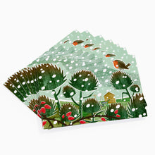 Load image into Gallery viewer, Charity Christmas Cards 2025 red robin iluustrative outdoor scene with green trees and red berries
