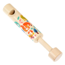 Load image into Gallery viewer, Wooden toy sliding whistle with colourful animal illustrations on a white background
