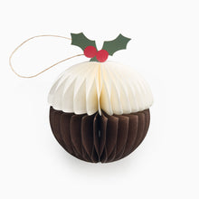 Load image into Gallery viewer, Christmas pudding honeycomb paper bauble with cream top, brown base and holly detail
