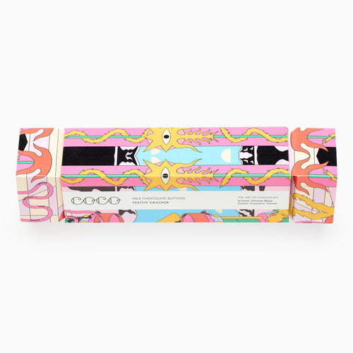 Colourful chocolate packaging with abstract designs on a white background