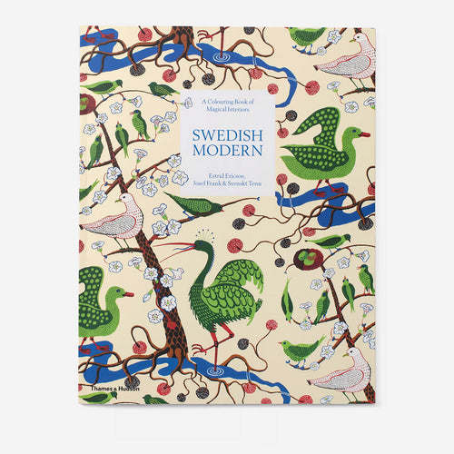 Book cover of 'Swedish Modern' with colorful illustrations of birds and trees on a beige background.