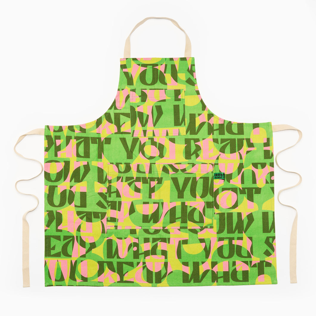 modern gardening apron, kitchen apron, crafting apron,  with abstract design in green and pink geometric pattern