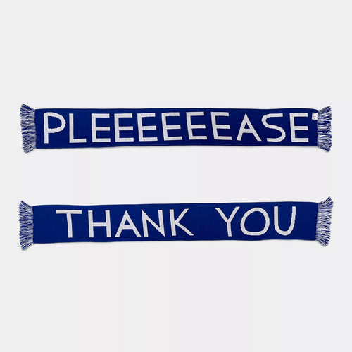 Two blue scarves with white text on a light gray background
